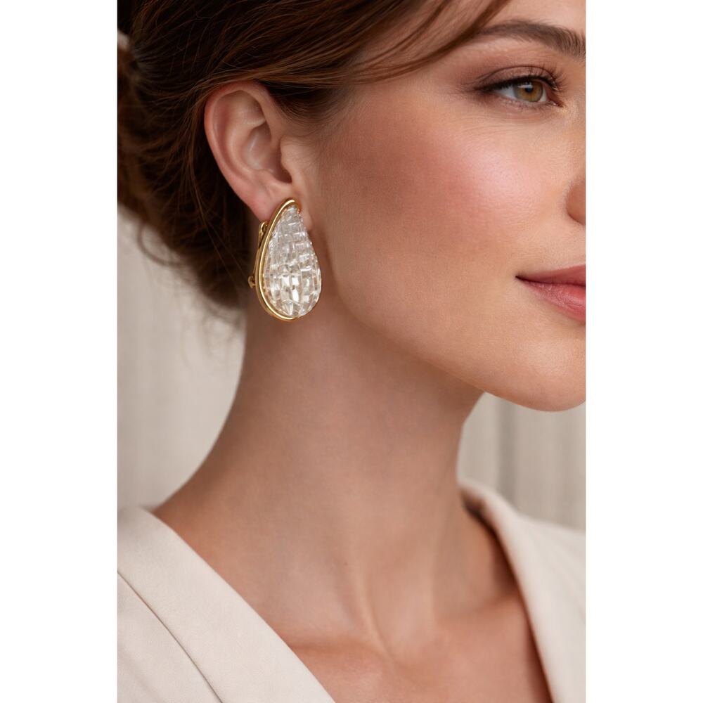 VTG Kenneth Jay Lane KJL Gold Clear Crystal Teardrop Clip On Earrings Statement